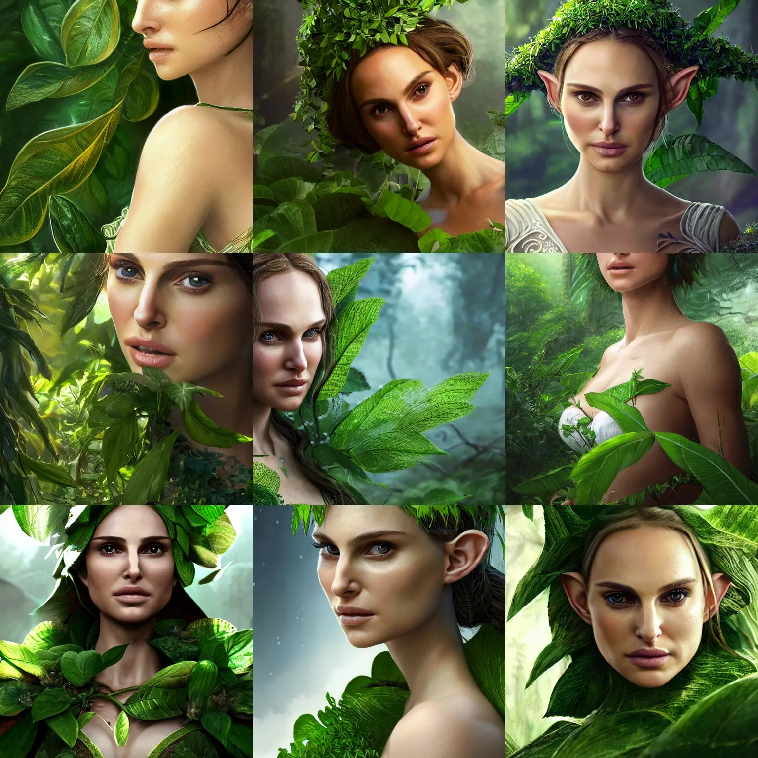 Prompt: a highly detailed photo of a beautiful elf refugee woman with white skin (played by Natalie Portman) elegantly wrapped with green lush leaves, by Andrea Chiampo, artstation and Frederik Heyman, extremely detailed woman, stunning volumetric lighting, hyper realism, fantasy 4k, anime background