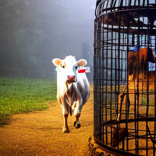 Image similar to cow running from a cage to a freedom light