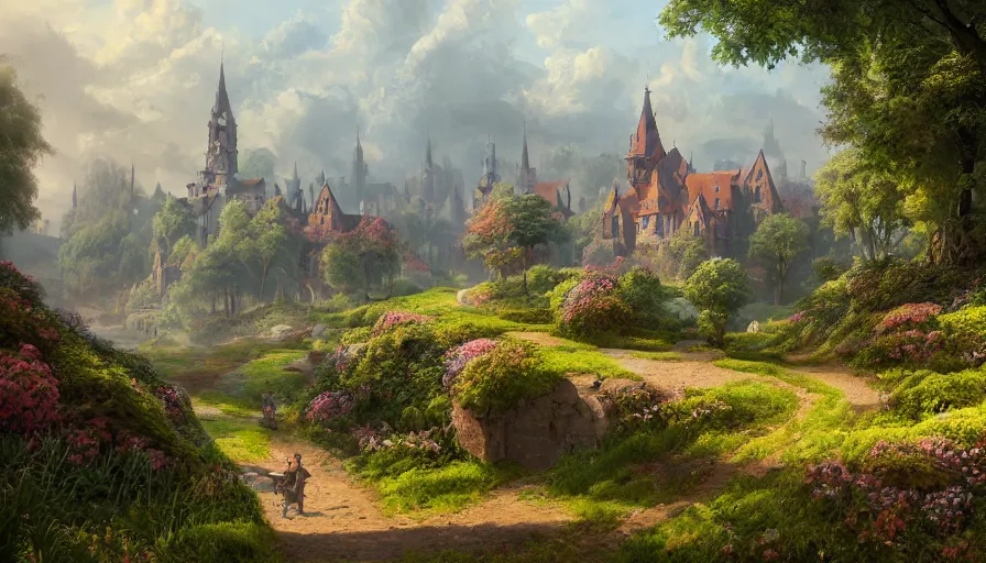 Image similar to landscape painting of a lush flower hill, behind it an old german city, fantasy, intricate, elegant, highly detailed, digital painting, artstation, blender, unreal engine 5, octane render, smooth, sharp focus, illustration, by greg rutkowski