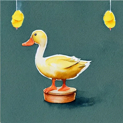 Prompt: hyper realistic watercolor yellow duck with party horn, cute illustration by basia tran