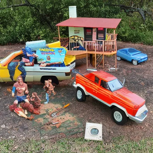 Image similar to 8 0's action figure playset of a trailer park with rednecks, realistic,