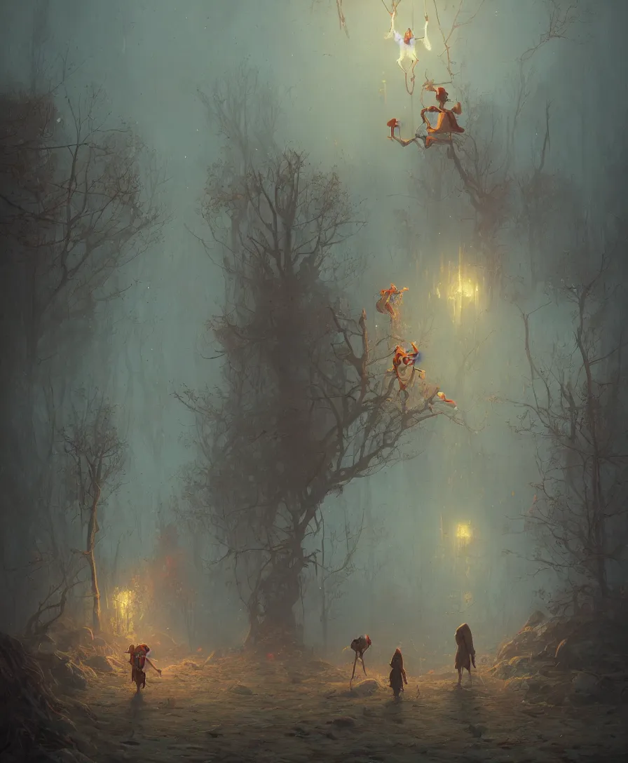 Image similar to afterlife, clowns, illustrated by Simon Stålenhag and Gaston Bussiere, 35mm lens, wide angle, beautiful volumetric lighting style atmosphere, intricate, ultra detailed, photorealistic, trending on artstation 8k