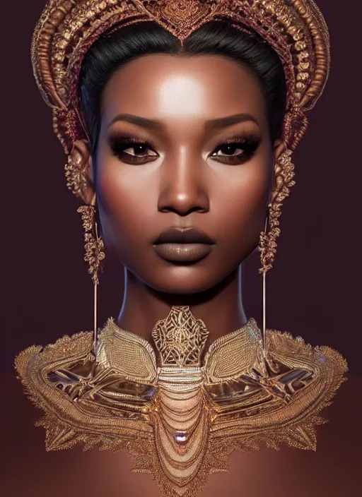 Image similar to portrait of princess, intricate, sharp focus, octane render, realistic, photo, detailed, beautiful, brown skin, unreal engine, symmetrical!!, loreal, maybelline, sephora, loreal, artstation, art by artgerm, rossdraws, art by karol bak, makeup by pat mcgrath, cinematic, concept art, filmic, vsco