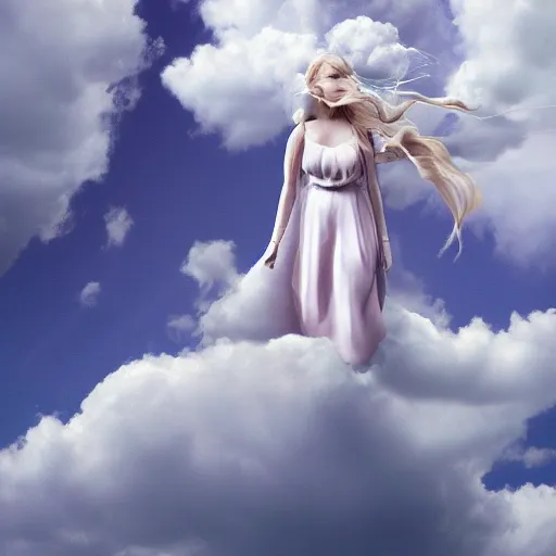 Prompt: goddess wearing a cloud fashion is looking on us from above, photoshop, colossal, creative, albino skin, giant, digital art, photo manipulation, clouds, covered in clouds, girl clouds, on clouds, covered by clouds, airplane in the sky, white hair, digital painting, artstation