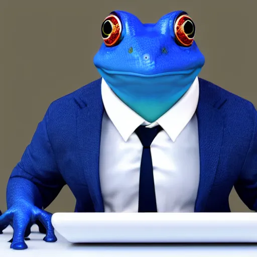 Image similar to octane render professional portrait of a blue frog wearing a suit sitting in an office,