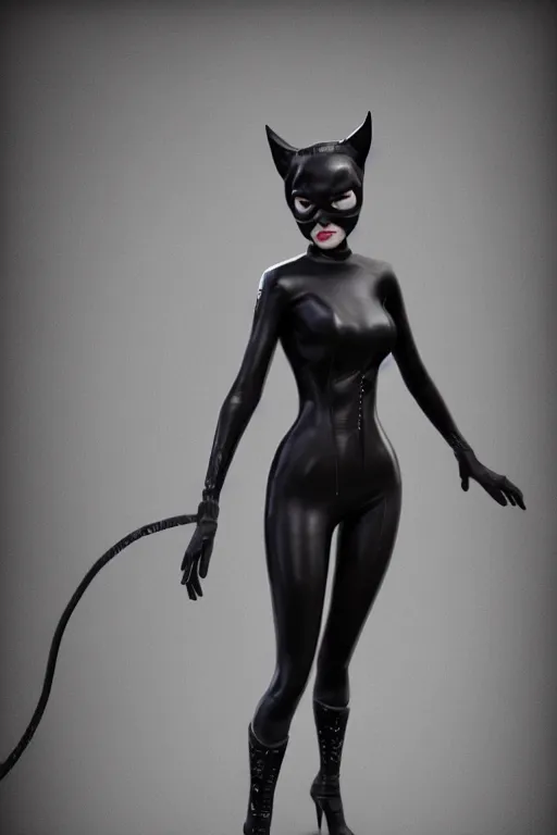 Prompt: full body 3d render of Catwoman in the style of Tim Burton, photorealistic, finalRender, octane, Unreal Engine