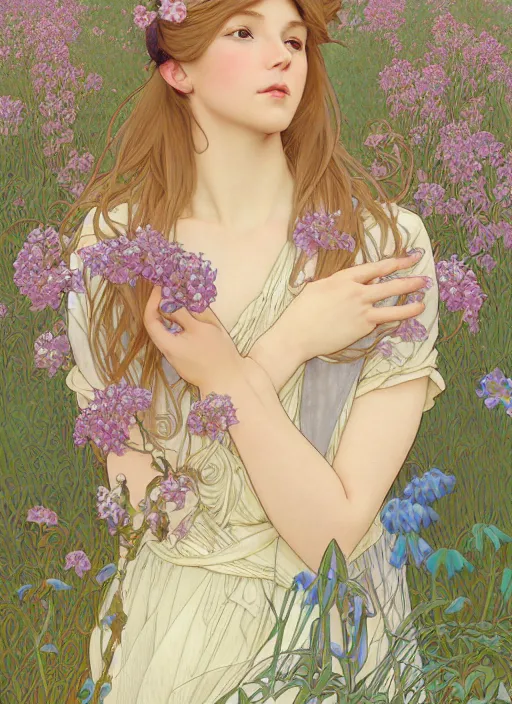 Prompt: pretty young man with shoulder length blond hair, half body shot, emotional, decorative flower patterned background, path traced, highly detailed, high quality, digital painting, by studio ghibli and alphonse mucha, leesha hannigan, hidari, disney, jules bastien - lepage, art nouveau, martine johanna, android jones, andreas rocha