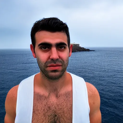 Image similar to real life photo of a Greek man, short dark hair, clean shaven, blue watery eyes, full round face, short smile, serene coastal setting, cinematic lightning, medium shot, mid-shot, highly detailed, photorealistic, 80mm, 85mm, cinematic wallpaper