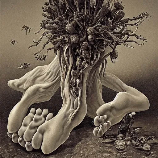 Image similar to disgusting disturbing dutch golden age bizarre mutant flower floral still life with many human toes realistic human toes blossoming everywhere insects very detailed fungus tumor disturbing tendrils bizarre slimy forms sprouting up everywhere by rachel ruysch christian rex van minnen black background chiaroscuro dramatic lighting perfect composition high definition 8 k 1 0 8 0 p