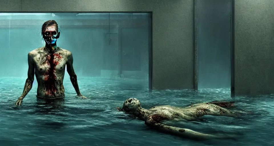 Image similar to highly detailed full body portrait of a zombie swimming underwater in a zombie - apocalypse, in a swimming pool, by greg rutkowski, octane render