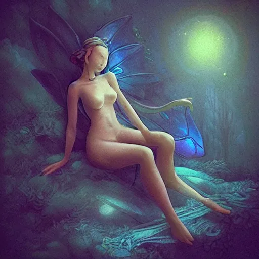 Prompt: “a mystical, but eroded female sprite faerie longing for light to be restored”