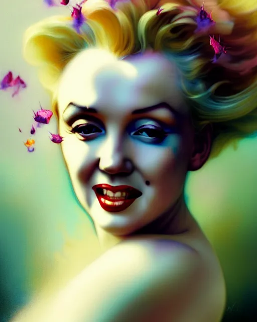 Prompt: Marilyn Monroe, flowers, calm, 4k digital masterpiece by Anna Dittman and Alberto Seveso Ruan Jia, rossdraws, artgerm and greg rutkowski and alphonse mucha and loish and WLOP, fantasycore, Hyperdetailed, fractals, scribble art, realistic digital painting, atmospheric, fireflies, soft lighting, featured on Artstation