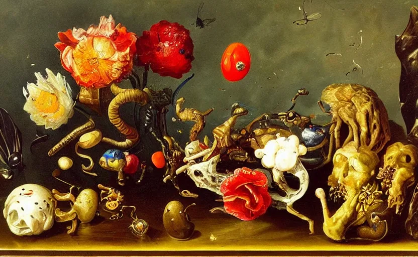 Prompt: disturbing colorful oil painting dutch golden age vanitas still life mutantflowers with bizarre objects strange gooey surfaces shiny metal bizarre insects meat rachel ruysch dali todd schorr very detailed perfect composition rule of thirds masterpiece
