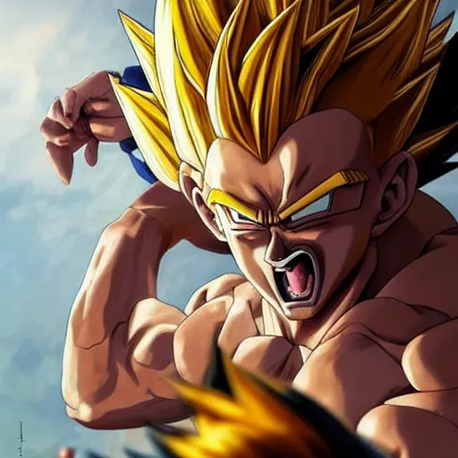 Image similar to salvador dali became super saiyan, dragon ball style, cinematic lighting, highly detailed, concept art, art by wlop and artgerm and greg rutkowski, masterpiece, trending on artstation, 8 k