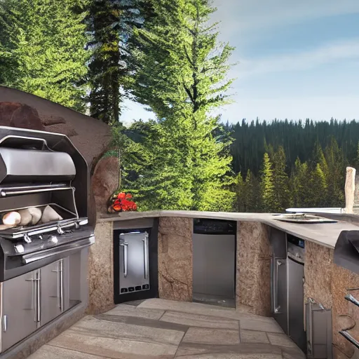 Image similar to an immaculate digital matte painting of a pacific northwest outdoor kitchen