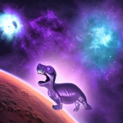 Prompt: An evil and terrifying creature in space in front of a purple nebula