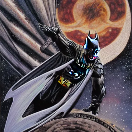 Prompt: batman surfing the infinite cosmos, grand scale, painting by h. r. giger