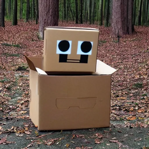 Image similar to robot made of a cardboard box, crayon face, walking through the forest