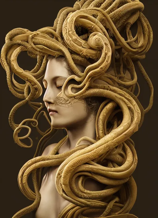 Image similar to medusa made of wax, wooden art nouveau swirls, strong subsurface scattering, cables, tubes, subsurface scattering, in the style of ruan jia and tomasz alen kopera and giger, subsurface scattering, mystical colors, rim light, dramatic lighting, 8 k, stunning scene, raytracing, octane render, trending on artstation