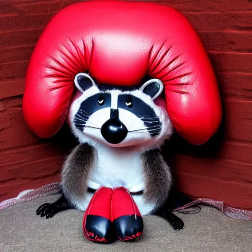Prompt: cute kawaii raccoon wearing red boxing gloves, radiant light