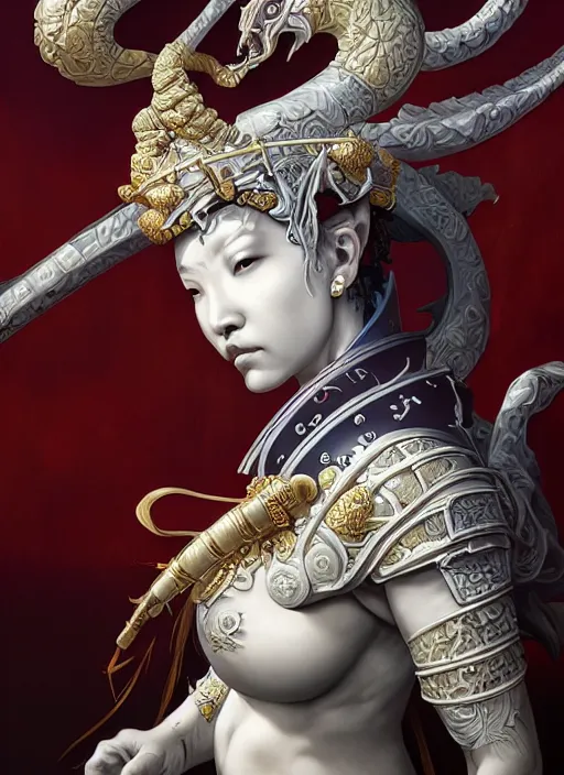 Image similar to subsurface scattering, white, koi, female samurai deity with filigree fantasy armor, by jesper ejsing, james jean, justin gerard, tomasz alen kopera, cgsociety and fenghua zhong, highly detailed, rim light, cinematic lighting, illustration, art, octane render, very coherent, cinematic, hyper realism, high detail, 8 k