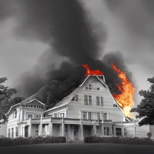 Image similar to “White mansion engulfed in flames, digital art.”