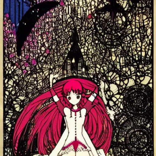 Prompt: madoka magica, artwork by Harry Clarke, magical girl looking at a cityscape