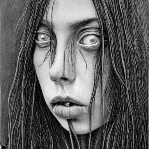 Prompt: grunge drawing of billie eilish by - Zdzisław Beksiński , painting style, horror themed, detailed, elegant, intricate