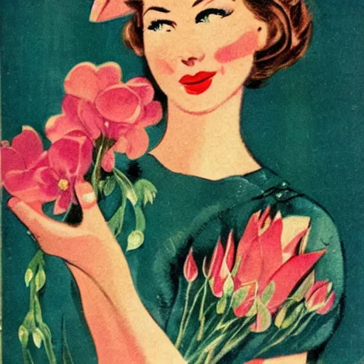 Prompt: woman with flowers, Vintage Magazine Illustration 1950s