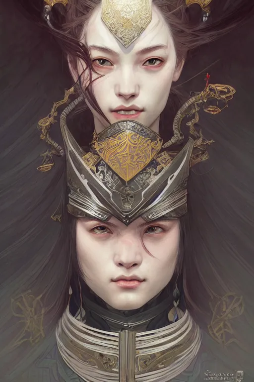 Image similar to Portrait of a female knight, japanese face features, dark fantasy, intricate, elegant, highly detailed, digital painting, artstation, concept art, smooth, sharp focus, illustration, art by Sam Youn and Fernanda Suarez and Artem Demura and alphonse mucha