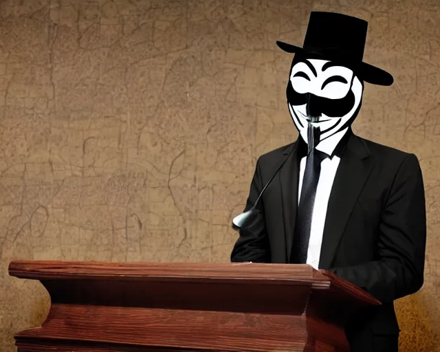 Image similar to professor anonymous wearing guy fawkes mask giving presentation at lectern, large presentation display