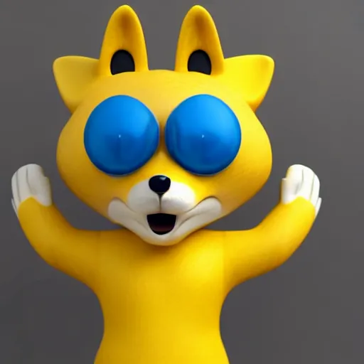 Prompt: anthropomorphic fox wearing a yellow T-shirt and blue jeans, 3d render, realistic