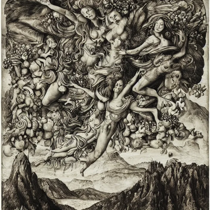 Image similar to a wide mountainous river valley with a tattood lady with animal stripes, antlers and wings transforming into a flower while the stars look like flowers by jan van eyck, ernst fuchs, nicholas kalmakoff, joep hommerson, character, full body, max ernst, hans holbein