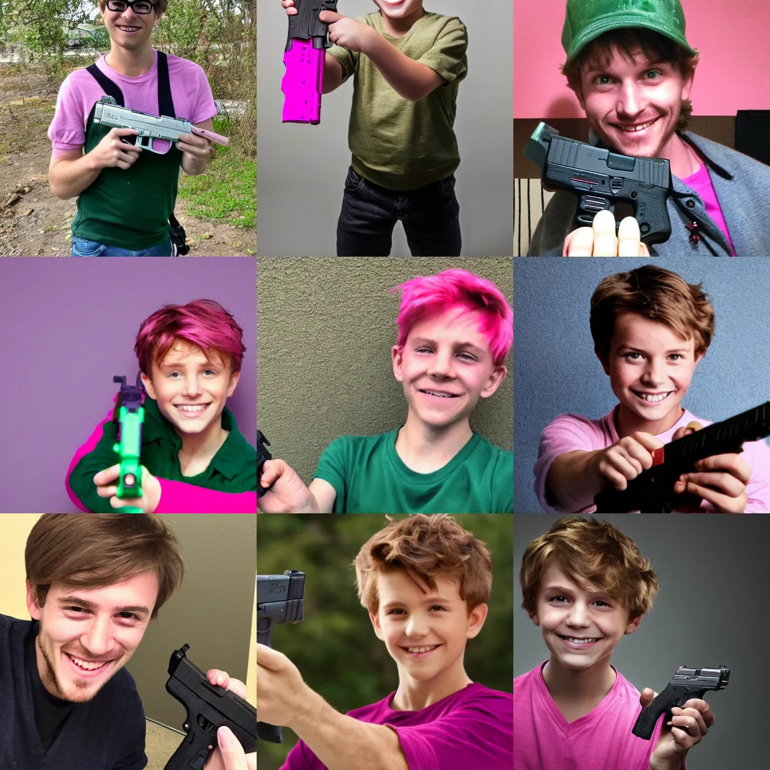 Prompt: Peter Pan wielding two pink Glock 17 in either hand towards the camera while smiling