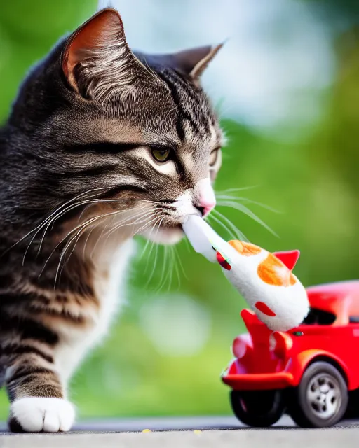 Image similar to high quality presentation photo of a cat biting a toy car, photography 4k, f1.8 anamorphic, bokeh, 4k, Canon, Nikon