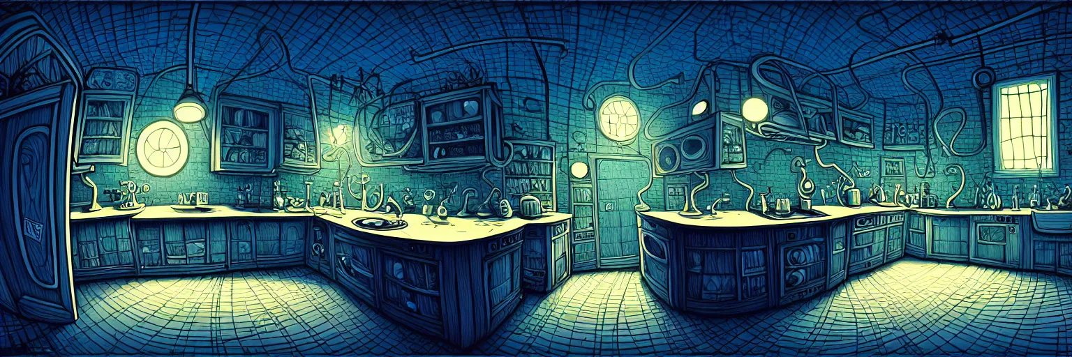 Prompt: night vision dark palette, fisheye spiral lines, naive octopus, extra narrow, detailed illustration of a kitchen, large floor, octopus shaped by rhads from lorax movie, trending artstation, black blue