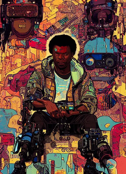 Image similar to chidi igwe. cyberpunk mercenary portrait illustration, pop art, splash painting, art by geof darrow, ashley wood, alphonse mucha, makoto shinkai