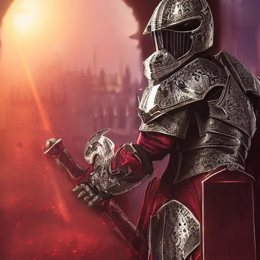 Image similar to evil knight, glowing halo, fantasy paladin, intricate red legendary armor, located in a castle, morning sunlight through the window, decorated, high quality, highly detailed, 4 k