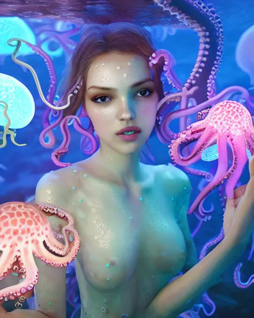 Prompt: a beautiful girl underwater wearing an octopus dress surrounded by glowing jellyfish, 8 k realistic, hyperdetailed, beautiful lighting, detailed background, depth of field, symmetrical face, frostbite 3 engine, cryengine