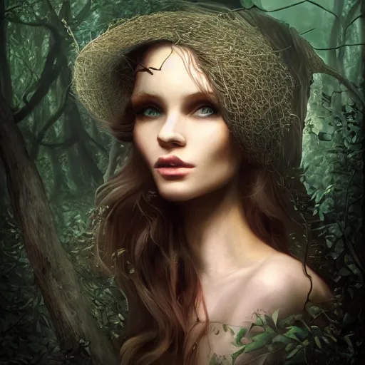 Prompt: head and shoulders portrait of a witch in a forest, dark fantasy, mystic, elegant, intricate, face, medium shot, trending on artstation, volumetric light, by Fernanda Suarez and Gil Elvgren