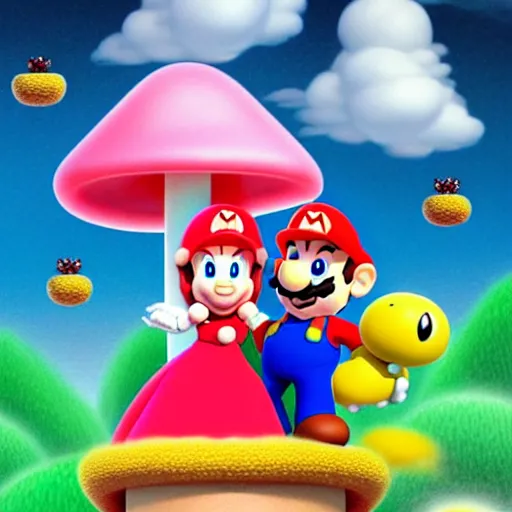 Prompt: Super Mario and Princess Peach and their cute newborn toady mushroom baby, family photo, digital painting, artstation, cgsociety, award-winning, masterpiece, stunning, beautiful, glorious