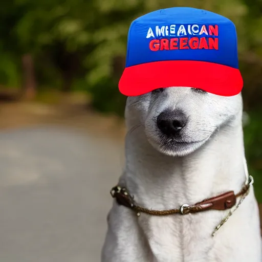 Image similar to doge wearing a make america great again cap, realistic, super detailed, wide shot, 8 k,