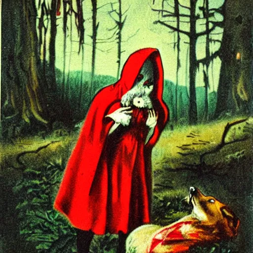 Image similar to little red riding hood smiling as she stands over a dead wolf with a bloody knife, vintage Halloween postcard