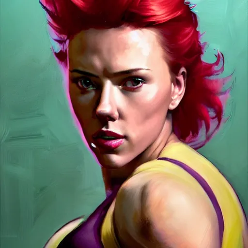 Prompt: greg manchess portrait of scarlett johansson as roided thick muscular weightlifter zarya from overwatch with short red hair ponytail and green lipstick, fantasy medium shot, asymmetrical, profile picture, organic painting, sunny day, matte painting, bold shapes, hard edges, street art, trending on artstation, by huang guangjian and gil elvgren and sachin teng