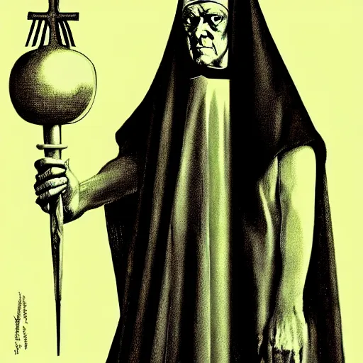 Image similar to graphic illustration, creative design, aleister crowley as a nun, biopunk, francis bacon, highly detailed, hunter s thompson, concept art