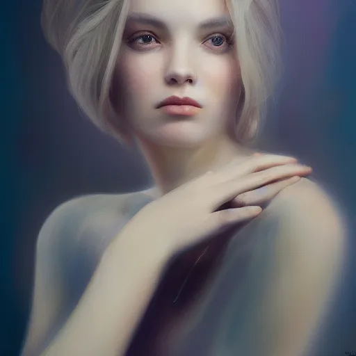 Image similar to a beautiful woman, aesthetic, oil painting, pale colors, high detail, 8 k, wide angle, octane render, trending on artstation,