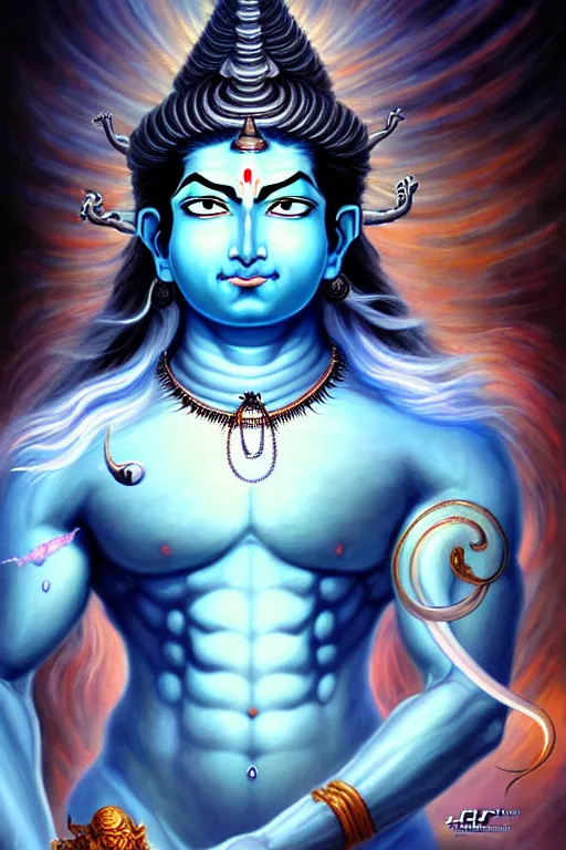 Prompt: god shiva the destroyer, 4!!! arms!!! light blue skin, an ultrafine detailed painting by ayami kojima, cgsociety, fantasy, anime digital art, lovecraftian, cosmic horror, detailed painting