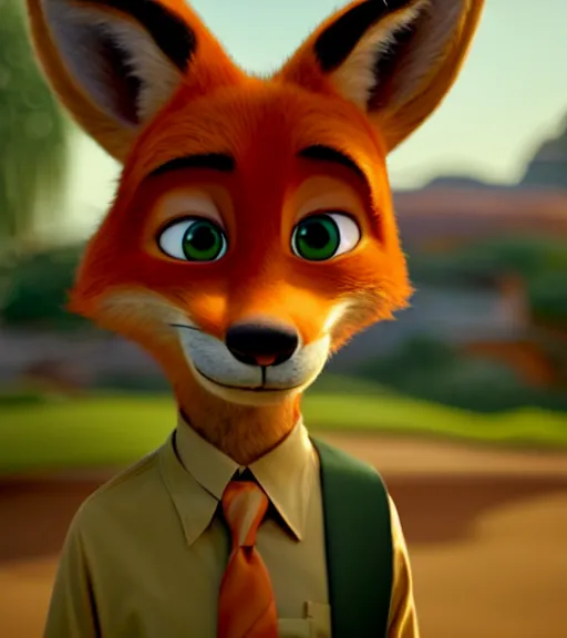 Image similar to a film still from zootopia main character portrait anthro anthropomorphic fox head animal person fursona nick wilde pixar and disney animation, sharp, rendered in unreal engine 5, anime key art by greg rutkowski, bloom, dramatic lighting