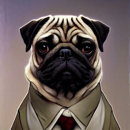 Image similar to pug in a suit, painted by tsuyoshi nagano, greg rutkowski, artgerm, alphonse mucha