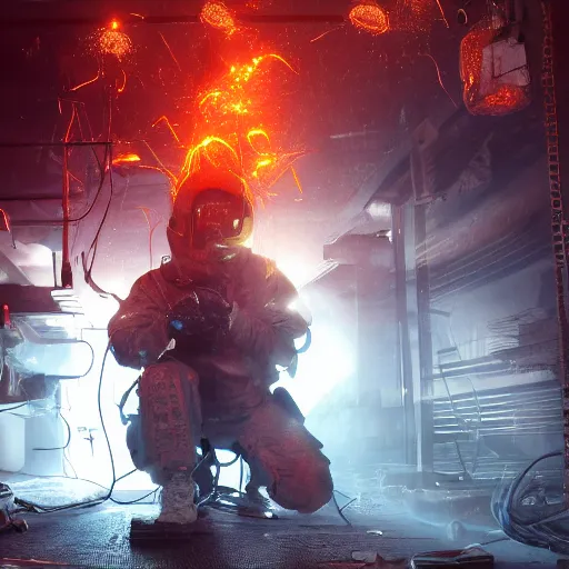 Prompt: overcharging blender, tangles of metallic cables, dark messy smoke - filled cluttered workshop, dark, dramatic lighting, orange tint, sparks, plasma charges, cinematic, highly detailed, sci - fi, futuristic, movie still